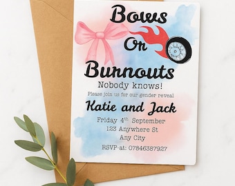 Gender Reveal-uitnodiging voor strikken of burn-outs: roze en blauwe canvassjabloon (digitale download)