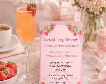 Strawberry Galentine's Brunch Invitation | Pink Galentine's Day Invite | Editable Canva Template | Cozy Brunch Party Invite