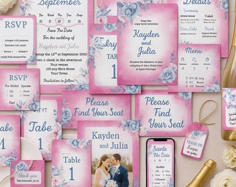 Bright Pink Floral Wedding Stationery Suite | Canva Templates (Digital Download)