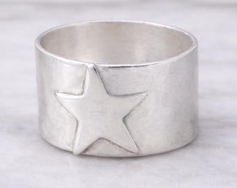 Chunky Star Band-ring, massief 925 zilveren sterring, brede platte band sieraden, minimalistische North Star-ring, alledaagse band, boho-sterring