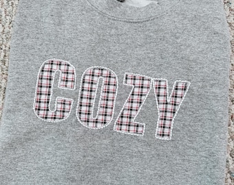 COZY Plaid Reverse Appliqué Sweatshirt | Hand Embroidered Crewneck | Fall + Winter Loungewear