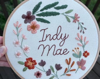Custom Floral Embroidery Name Hoop | Personalized Baby Name Sign | Hand-Embroidered Nursery Wall Decor | Baby Shower Keepsake