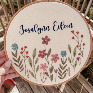 Custom Floral Embroidery Name Hoop | Personalized Baby Name Sign | Hand-Embroidered Nursery Wall Decor | Baby Shower Keepsake