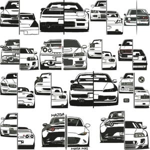 Può includere: Una collezione di illustrazioni a linee bianche e nere raffiguranti varie auto sportive. Ogni immagine mostra una vista divisa con i profili anteriori e posteriori di diversi modelli di veicoli, incluse etichette testuali come Mazda, Miata MX5 e M3.