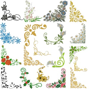 May include: A collection of sixteen corner designs featuring floral and ornamental motifs. The designs include roses, daisies, calla lilies, snowflakes, and holly, in a variety of colors including gold, red, blue, and green. These designs are suitable for various craft projects.