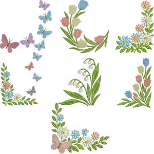 Könnte beinhalten: Eine Sammlung gestickter Blumen- und Schmetterlingsdesigns. Die Designs umfassen Tulpen, Gänseblümchen und Maiglöckchen in Pastellfarben. Schmetterlinge in Rosa-, Lila- und Blautönen sind ebenfalls enthalten.