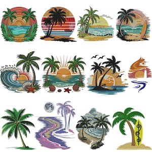 Puede incluir: Una colección de parches bordados con escenas de playa tropicales. Los diseños incluyen palmeras, puestas de sol, olas y tablas de surf. La paleta de colores incluye tonos de azul, naranja, verde y marrón, evocando una sensación de verano y vacaciones.