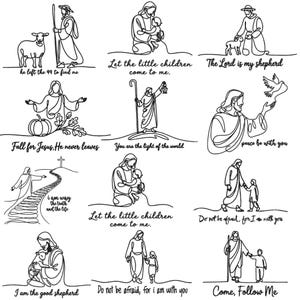 Könnte beinhalten: Eine Sammlung von Schwarz-Weiß-Strichzeichnungen mit religiösen Figuren und Texten. Die Bilder zeigen Szenen mit Jesus, Kindern, Schafen und Tauben, mit Sätzen wie "Kommt, folgt mir" und "Der Herr ist mein Hirte".