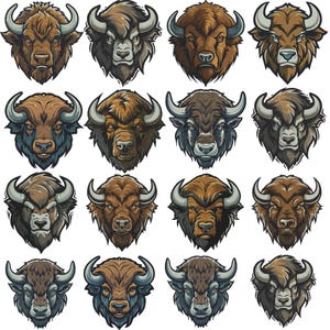May include: A collection of sixteen distinct illustrations of bison heads arranged in a four-by-four grid. Each bison is depicted with brown fur, curved horns, and a unique facial expression, rendered in a graphic, stylized art format.
