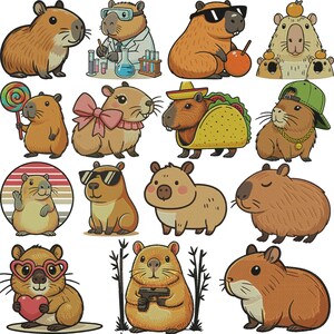 May include: A selection of cartoon capybaras in different poses and attire. Some capybaras are wearing sunglasses, a sombrero, and a lab coat. One holds a lollipop, another a heart, and another a gun. The capybaras are in shades of brown and tan.
