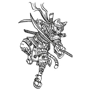 May include: Black and white illustration of a cat samurai in full armor, wielding a katana and a smaller sword. The cat is in a dynamic pose, suggesting action. The artwork is detailed, with intricate lines defining the armor and the cat's features.