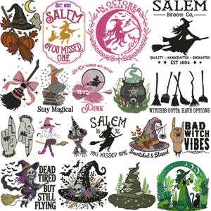 Puede incluir: Una colección de diseños con temática de Halloween con brujas, escobas y calabazas. Los diseños incluyen texto como "Salem", "In October We Wear Pink" y "Bad Witch Vibes". La paleta de colores incluye negro, naranja, morado y rosa.