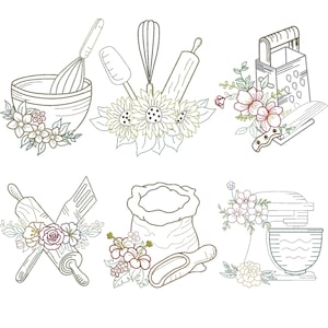 May include: Line art illustrations of baking tools, including a whisk, rolling pin, grater, and mixer, each adorned with floral accents. The image features a bowl, spatula, and a bag of flour with a scoop, all in a neutral colour palette.