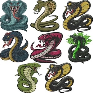 May include: A collection of seven stylized cobra illustrations in various colors. The snakes are depicted with open mouths, showing fangs, and in a striking, upright pose. Colors include blue, green, black, and red, with yellow and white accents. The designs are detailed and bold.