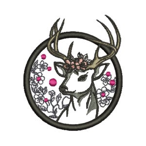 Floral Deer Embroidery Design | Elegant Stag with Flowers Machine Embroidery File | Woodland Animal Round Patch for Jackets Hats