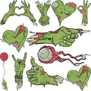 Puede incluir: Colección de parches bordados con diseños de temática zombi. Los parches incluyen manos verdes formando un corazón, señalando y haciendo una señal de aprobación. Otros diseños incluyen un corazón con un cerebro, un globo ocular y un globo rojo.