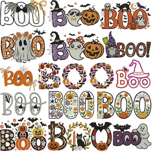 Könnte beinhalten: Eine Sammlung von Halloween-Designs mit dem Wort "BOO" in verschiedenen Stilen. Die Designs umfassen Kürbisse, Geister, Fledermäuse, Spinnen, Hexenhüte und florale Elemente, alles in einer festlichen Farbpalette aus Orange, Lila und Schwarz.