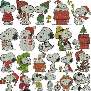 May include: A collection of Snoopy character illustrations in various outfits and poses. Snoopy is depicted wearing a Santa hat, a cowboy hat, a dinosaur costume, and other festive attire. The images are in a cartoon style with a white background.