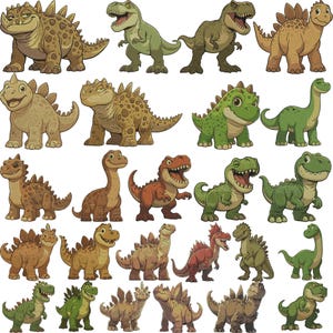 May include: A collection of twenty cartoon dinosaur illustrations featuring various species including green, brown, and red creatures. The set displays diverse poses, including standing, smiling, and roaring dinosaurs with distinct textures and patterns.