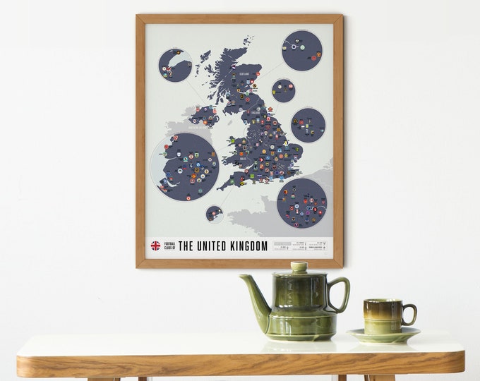 Carte des équipes de football du Royaume-Uni | Affiche pour la maison | Cadeau pour les fans de sport et les amateurs de football