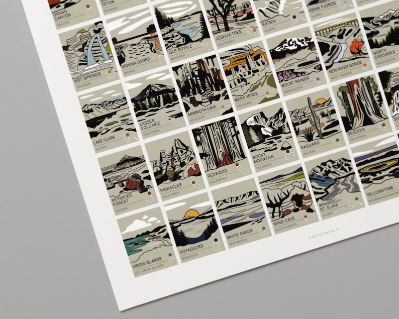May include: A print featuring illustrations of various national parks and landmarks. Each image is in a rectangular frame with the park name and location below. The artwork includes images of the Grand Canyon, Yellowstone, and Joshua Tree.