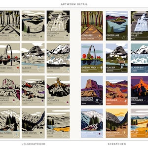 May include: A collection of illustrated travel posters featuring national parks and landmarks. Each poster showcases a different location, including Congaree, Crater Lake, and Cuyahoga Valley. The artwork is presented in two states: unscratched and scratched.
