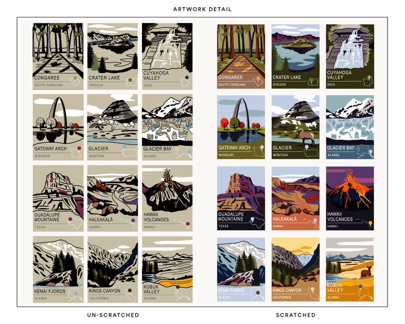 May include: A collection of illustrated travel posters featuring national parks and landmarks. Each poster showcases a different location, including Congaree, Crater Lake, and Cuyahoga Valley. The artwork is presented in two states: unscratched and scratched.