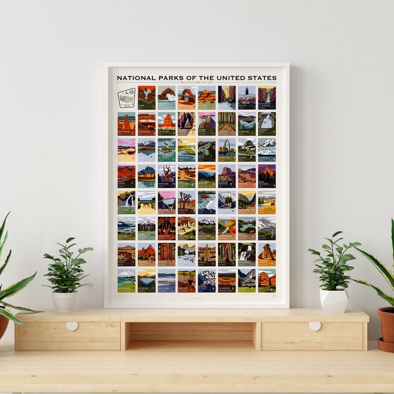 May include: A framed poster titled "National Parks of the United States" featuring colorful illustrations of various national parks. The poster is displayed on a wooden desk with two small potted plants.