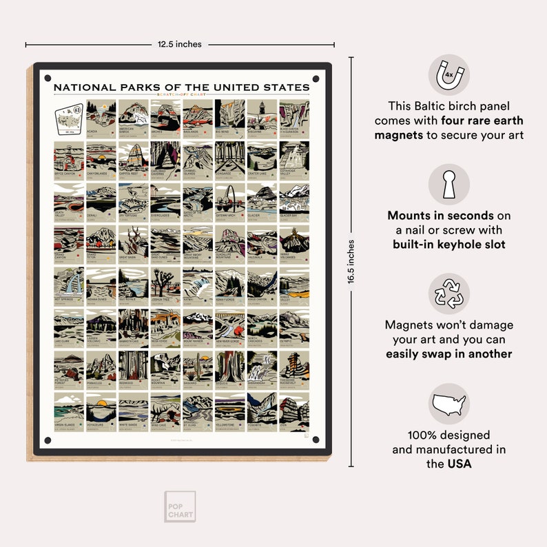 May include: A framed National Parks of the United States scratch-off chart, measuring 12.5 x 16.5 inches. The chart features illustrations of various national parks. The frame is black, and the chart is secured with magnets.