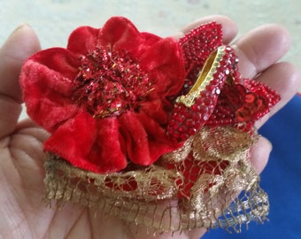 Vintage Antique Red Crystal Shoe Dorothy Wizard of Oz Brooch and Velvet Flower with Gold Lace Beaded Trim Tinsels Brooch Hair Clip