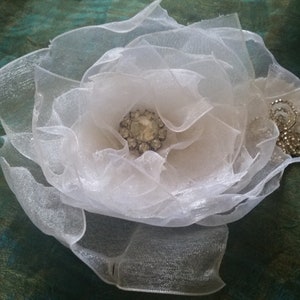 OOAK Organza Ribbon Petal Flowers with Vintage Rhinestone Center French Wire-Beaded Flower Millinery Velvet Leaf image 1