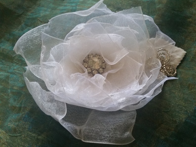 OOAK Organza Ribbon Petal Flowers with Vintage Rhinestone Center French Wire-Beaded Flower Millinery Velvet Leaf image 1