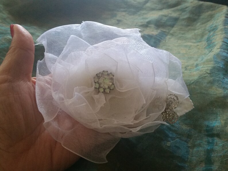 OOAK Organza Ribbon Petal Flowers with Vintage Rhinestone Center French Wire-Beaded Flower Millinery Velvet Leaf image 3