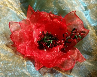 Handmade Organza Red Flower Brooch Hair Clip with Vintage French Wire-Beaded Leaves Tinsels