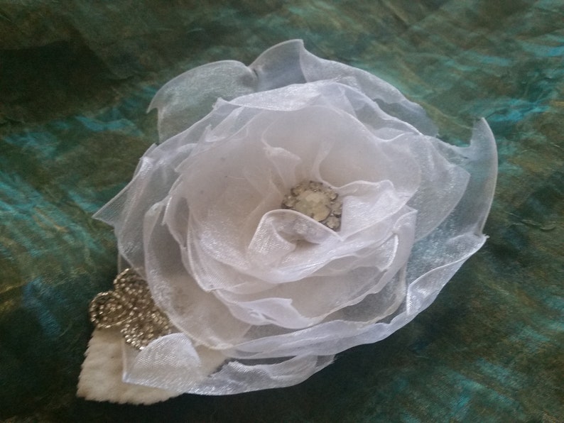 OOAK Organza Ribbon Petal Flowers with Vintage Rhinestone Center French Wire-Beaded Flower Millinery Velvet Leaf image 4