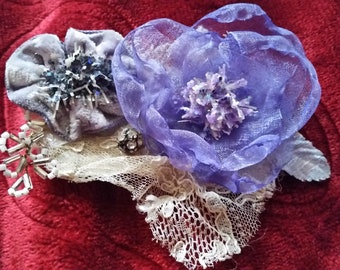 Handmade Hand Dyed Vintage Velvet Flower Organza Flower with French Wire-Beaded Leaves Crystals Lace Brooch Hair Clip