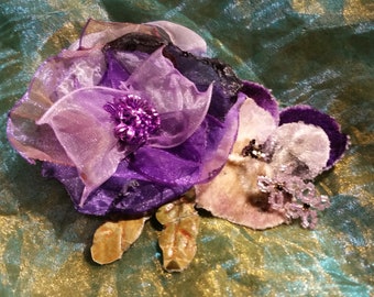 Handmade Organza & Vintage Velvet Flower Brooch Hair Clip with Handmade French Wire-Beaded Tiny Flowers