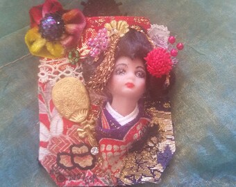 OOAK Brooch Necklace Hand Painted Handmade Geisha Face Kimono Miniature Doll with Antique Fabrics Mohair Hair Metal Fan Hand Dyed Flower