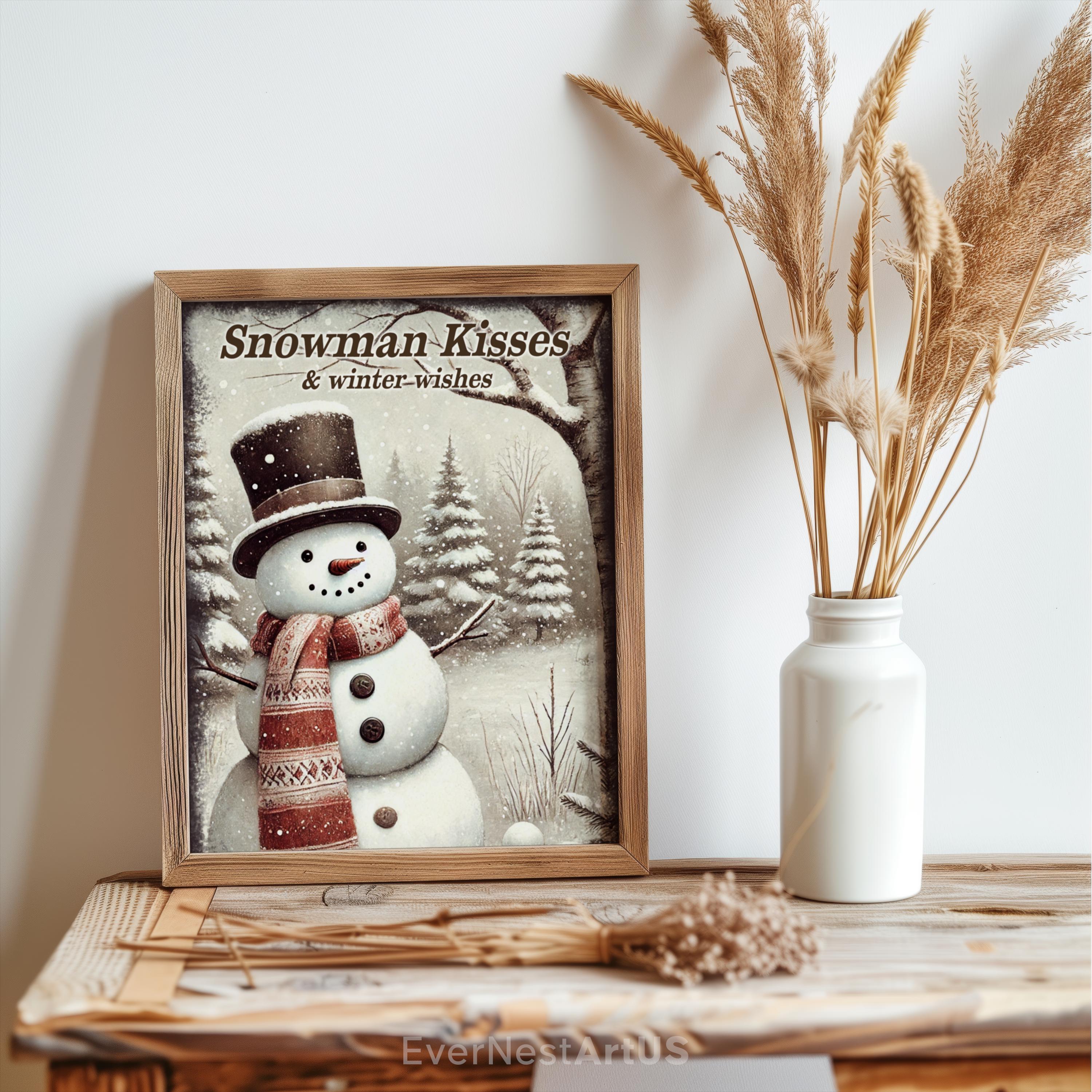 Vintage Snowman Kisses Photo Frame, Rustic Winter Wall Art,…