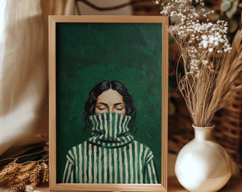 Emerald Green Abstract Woman Framed Canvas Art, Japandi Decor
