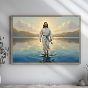 May include: A framed art print depicts a figure in a white robe with a blue sash walking on water. The artwork features a serene landscape with mountains, water, and a bright, golden light in the background. The print is displayed in a wooden frame.