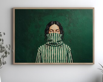 Emerald Green Woman Floating Frame Canvas Art, Minimalist Japandi Decor
