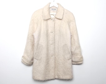vintage CREAM white fuzzy mid-century women's 1960s button WOOL winter coat overcoat w/ soft satin liner -- size medium