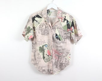 vintage 1990s PARISIAN paris aop CROPPED vintage women's button down BOXY shirt -- size medium