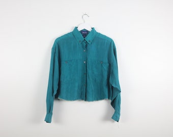 vintage SILK cropped button down BOXY 1980s 90s teal blue long sleeve silk blouse -- size large