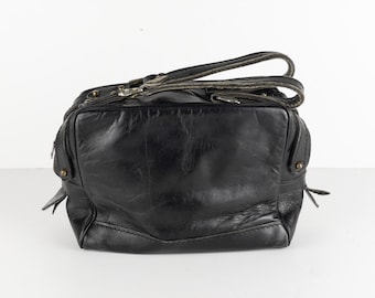 mid-century black minimalist LEATHER HAND bag with double handheld straps