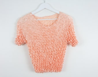 Vintage 90s popcorn top textured y2k style light PEACH pink popcorn blouse-- one size