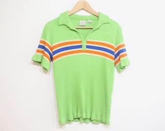 vintage y2k 2000s RIBBED chartreuse ribbed women's henley polo striped short sleeve top -- size small - FREE shipping U.S.A.