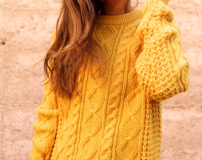 MUSTARD Yellow Cable Knit Sweater SLOUCHY Oversize Warm Cozy Winter