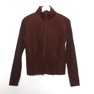vintage y2k BROWN fitted FAUX fur leather ZIPPER 2000s club kid vintage sweater jacket -- size xl - made in the U.S.A. - Free shipping